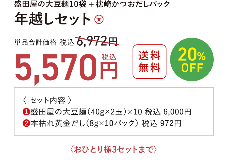 盛田屋の大豆麺10袋 + 枕崎かつおだしパック 年越しセット 送料無料 20%OFF 単品合計価格 税込6,972円→税込5,570円