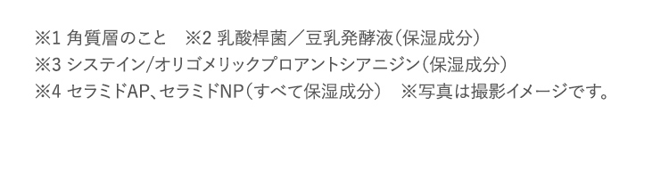 ※1 角質層のこと ※2 乳酸桿菌／豆乳発酵液（保湿成分） ※3 システイン/オリゴメリックプロアントシアニジン（保湿成分） ※4 セラミドAP、セラミドNP（すべて保湿成分） ※写真は撮影イメージです。