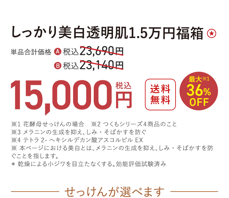 しっかり美白透 明肌1.5万円福箱 送料無料 最大36%OFF 単品合計価格 税込23,690円 / 税込23,140円 → 税込15,000円〈おひとり様3セットまで〉