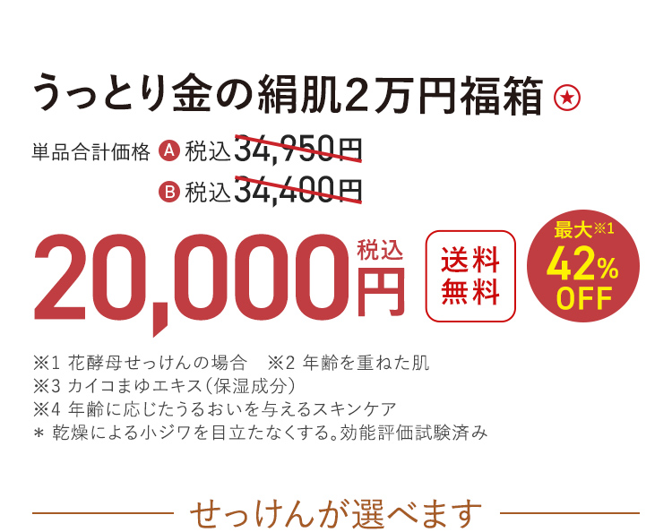 うっとり金の絹肌 ２万円福箱 送料無料 最大42%OFF 単品合計価格 税込34,950円 / 税込34,400円 → 税込20,000円〈おひとり様3セットまで〉