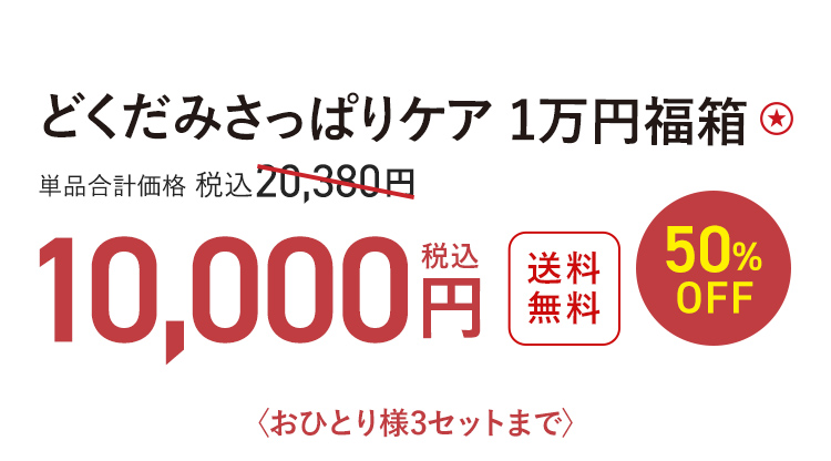 どくだみさっぱりケア 1万円福箱 送料無料 最大50%OFF 単品合計価格 税込20,380円 → 税込10,000円〈おひとり様3セットまで〉