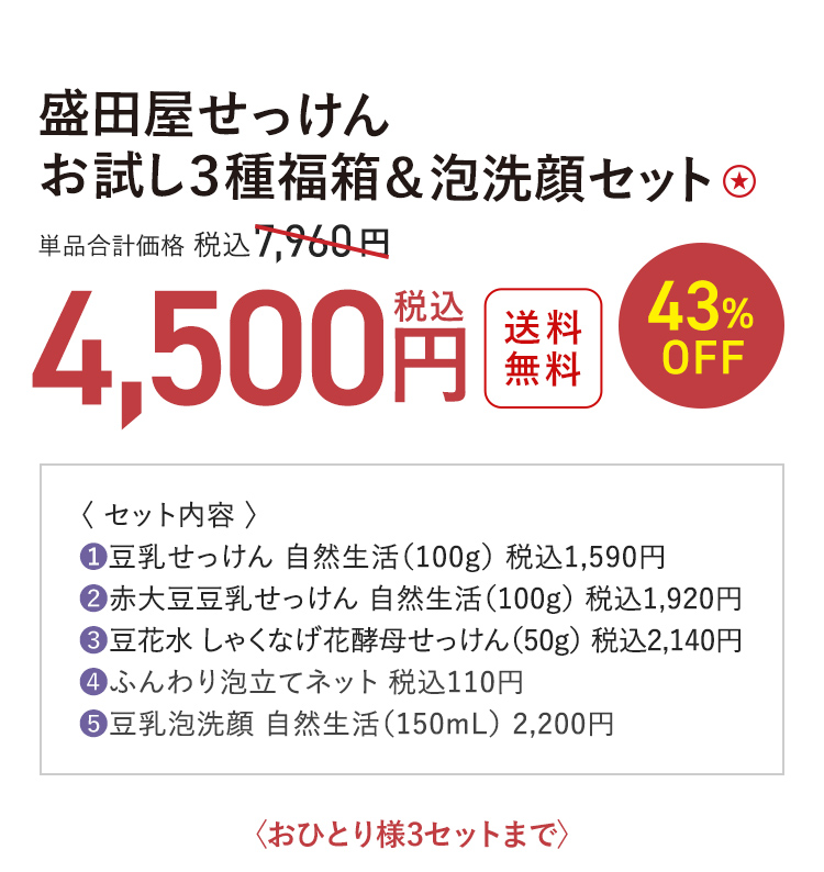 盛田屋せっけんお試し３種福箱＆泡洗顔セット 送料無料 最大43%OFF 単品合計価格 税込7,960円 → 税込4,500円〈おひとり様3セットまで〉