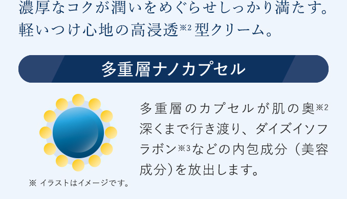 濃厚なコクが潤いをめぐらせしっかり満たす。軽いつけ心地の高浸透※2型クリーム。