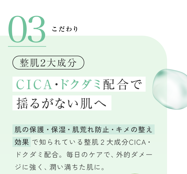 こだわり03 整肌2大成分 CICA・ドクダミ配合で揺るがない肌へ